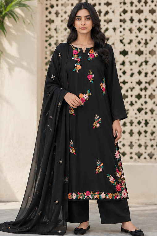 Black Floral Embroidered Kurta Set with Dupatta for Women