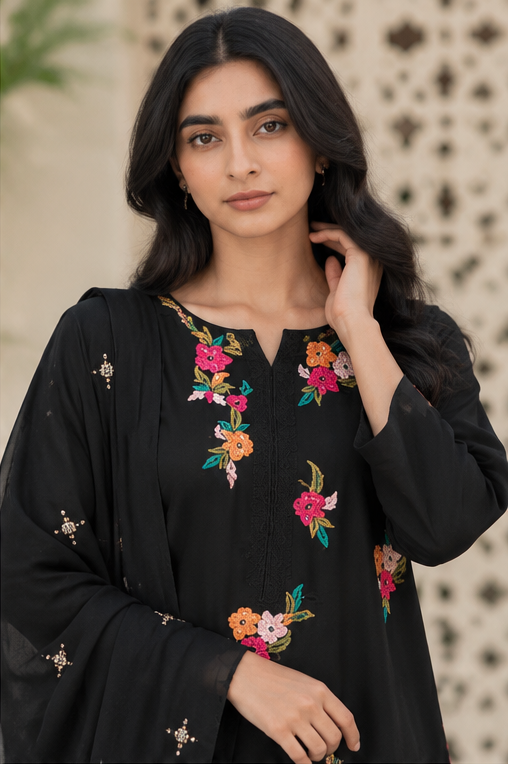 Black Floral Embroidered Kurta Set with Dupatta for Women