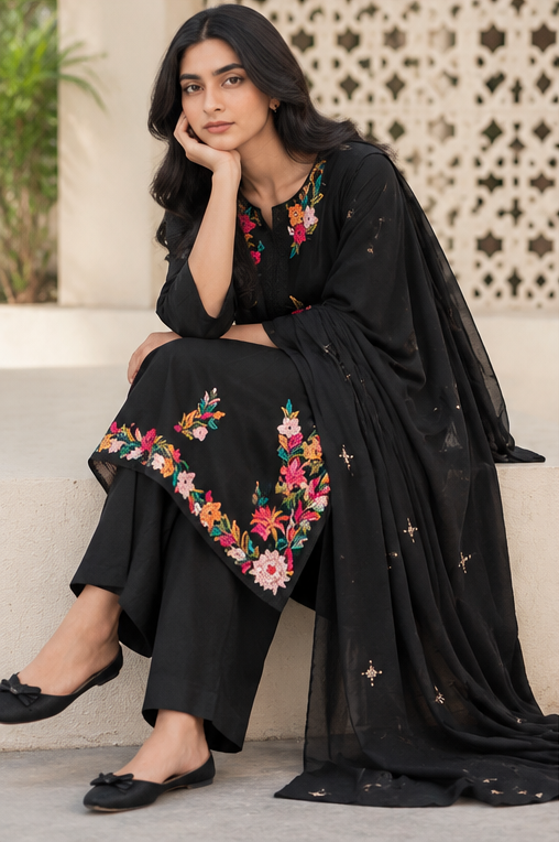 Black Floral Embroidered Kurta Set with Dupatta for Women