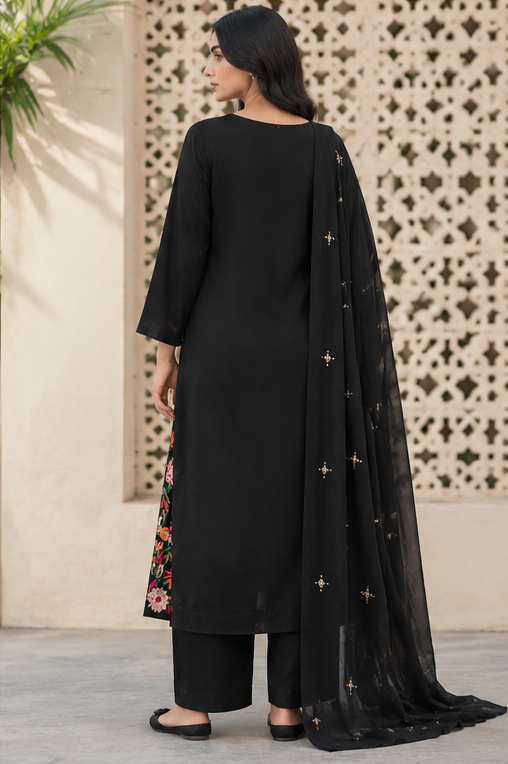 Black Floral Embroidered Kurta Set with Dupatta for Women
