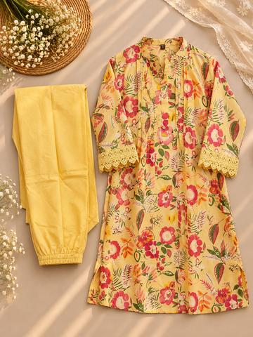 Yellow Floral Lace Kurta Set