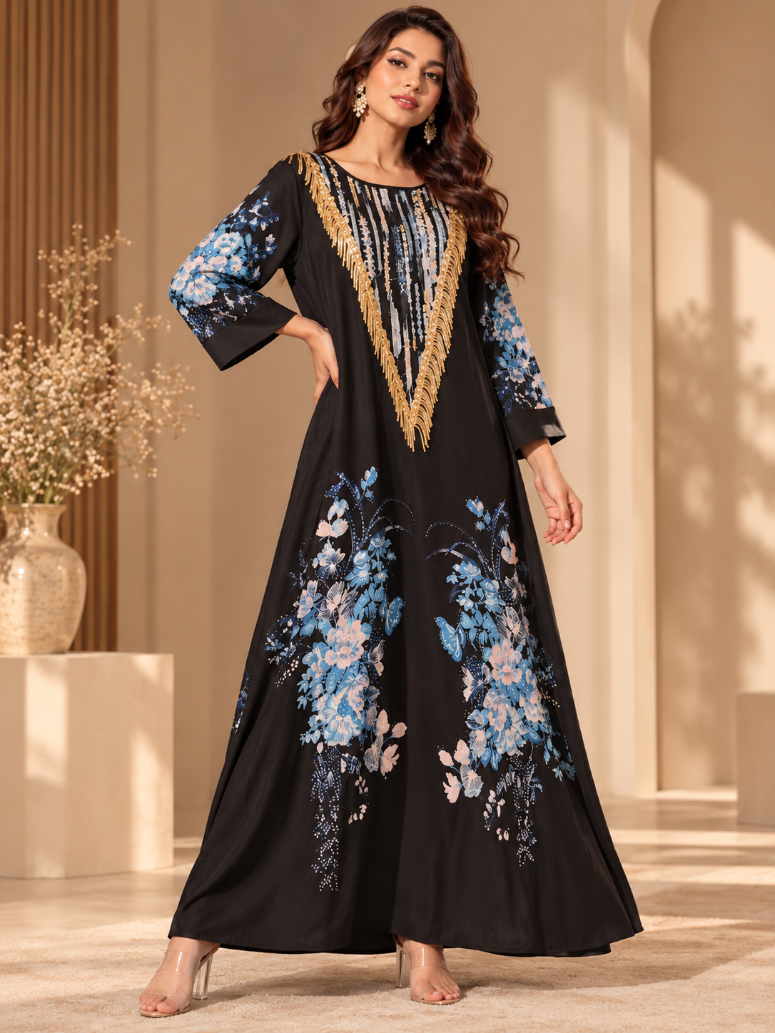 Black & Blue Floral Embellished Maxi Dress