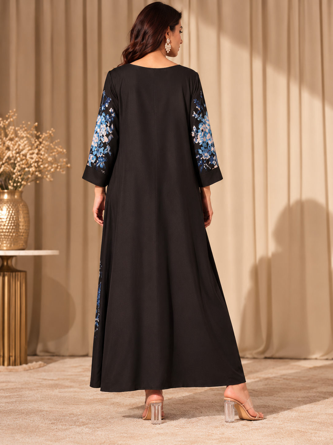 Black & Blue Floral Embellished Maxi Dress