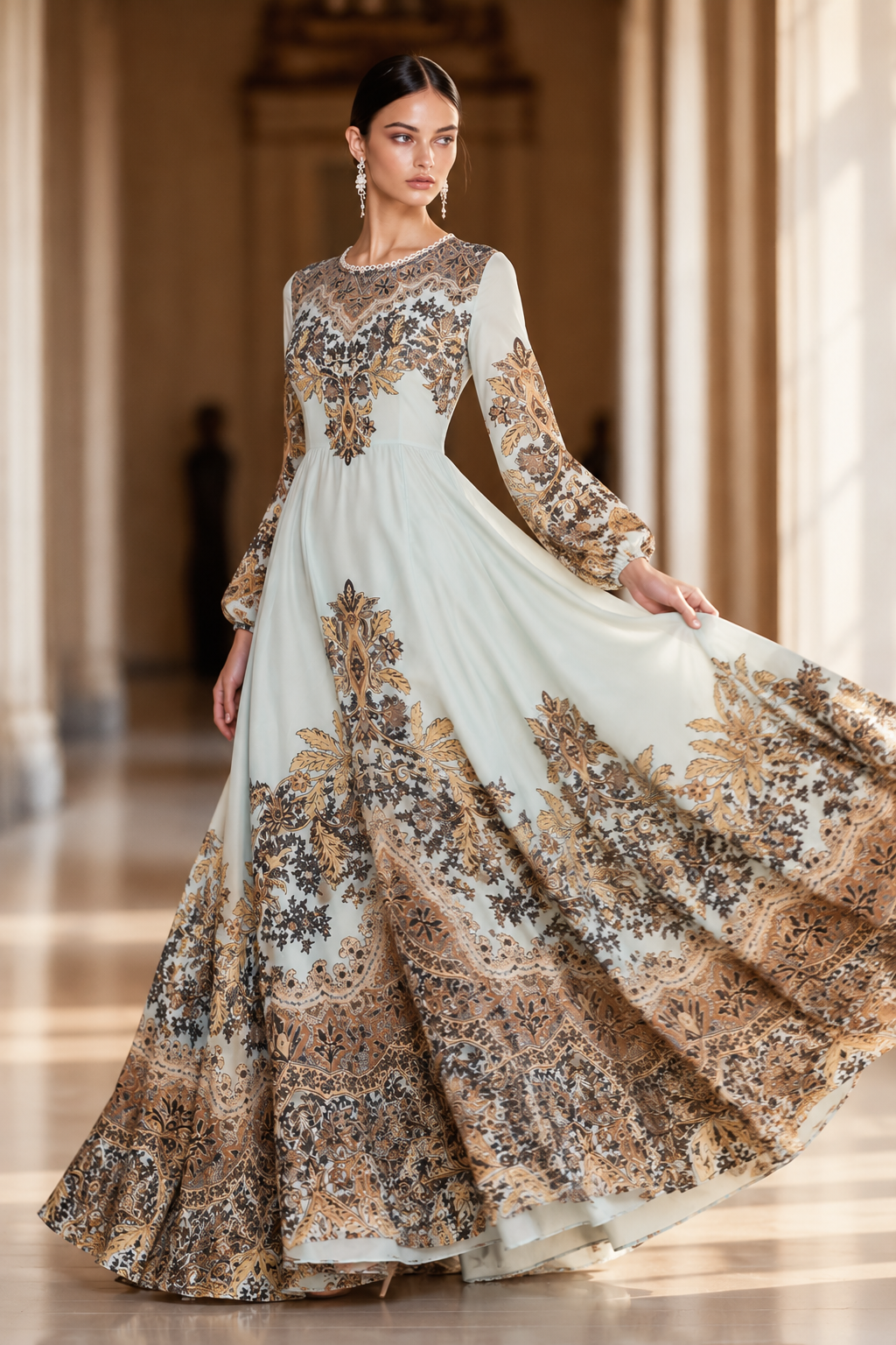 Mint Green Baroque Printed Maxi Gown
