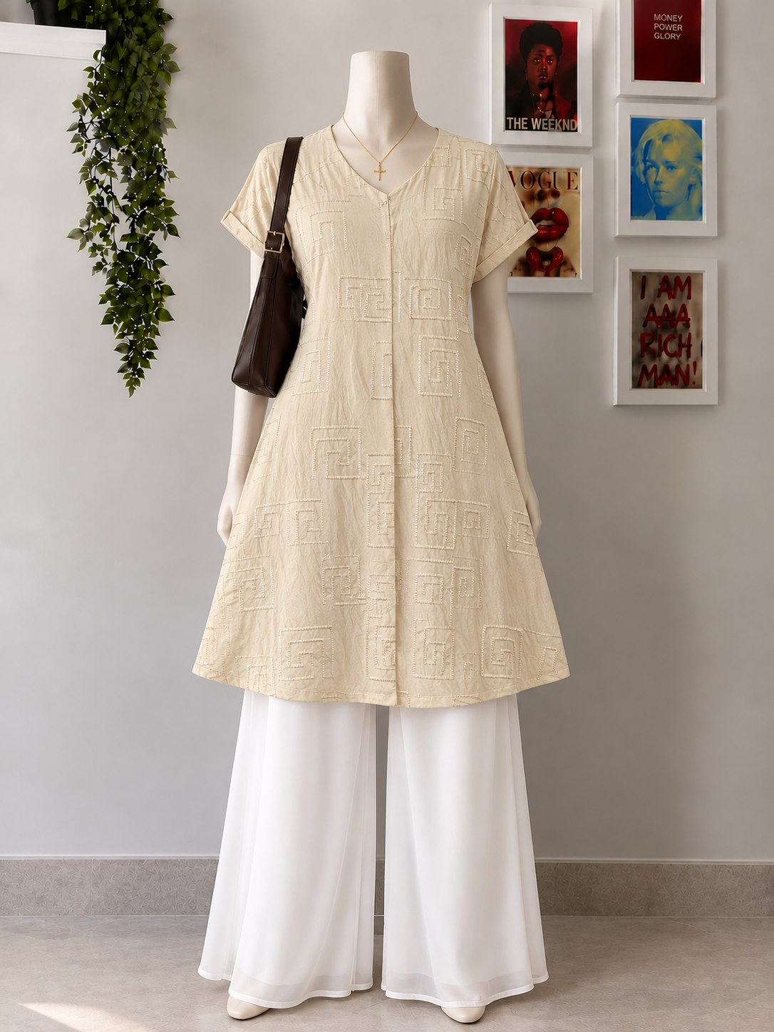 Elegant Cream Thread Work Midi Dress