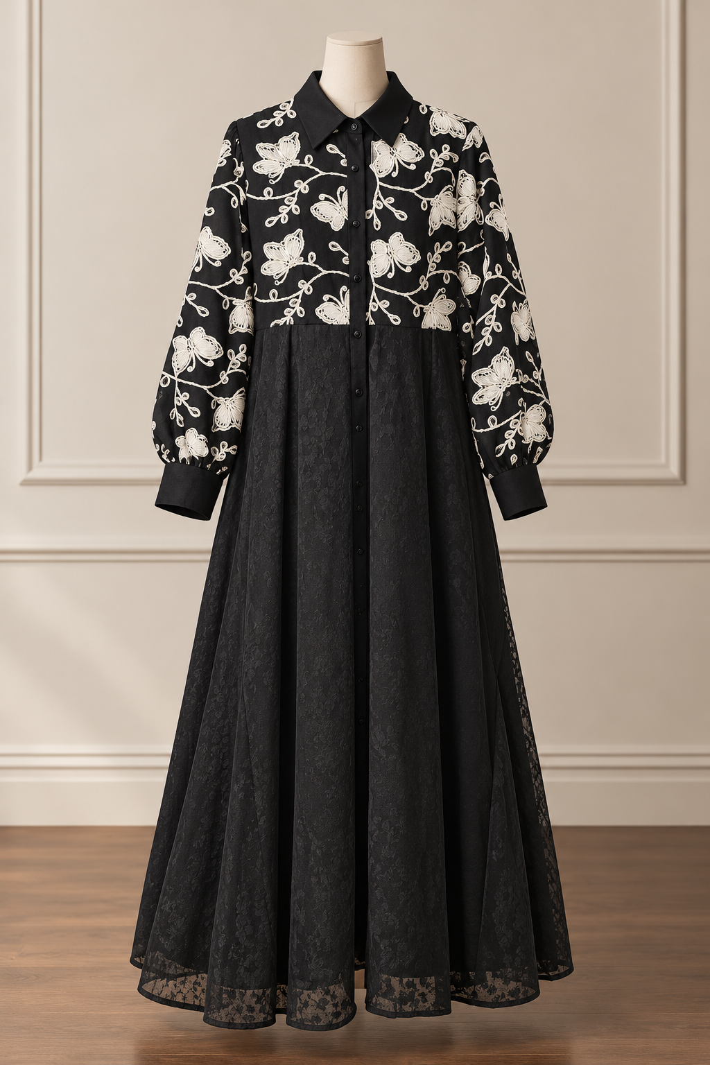Elegant Black Floral Embroidered Shirt-Style Maxi Dress