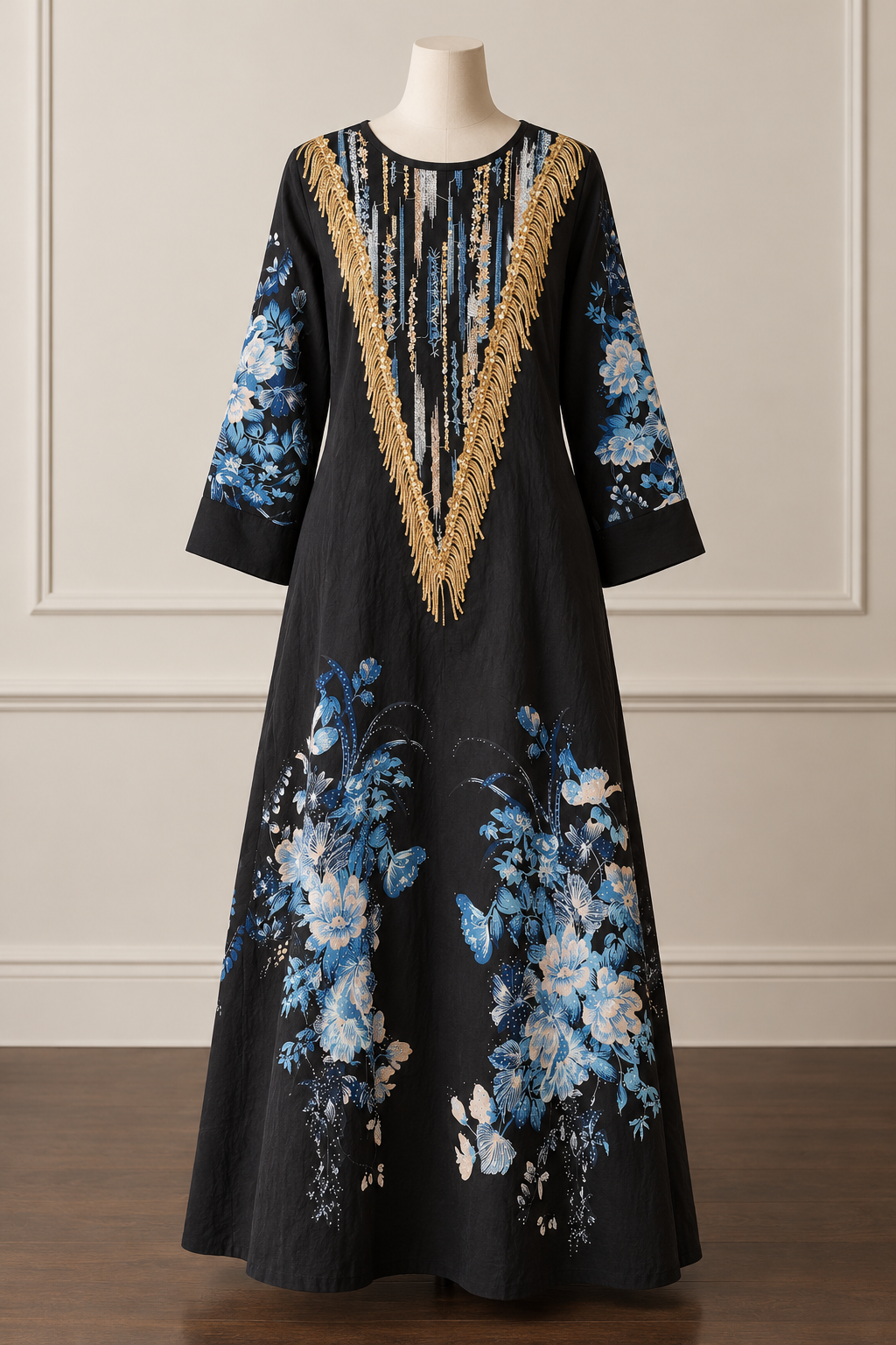 Black & Blue Floral Embellished Maxi Dress