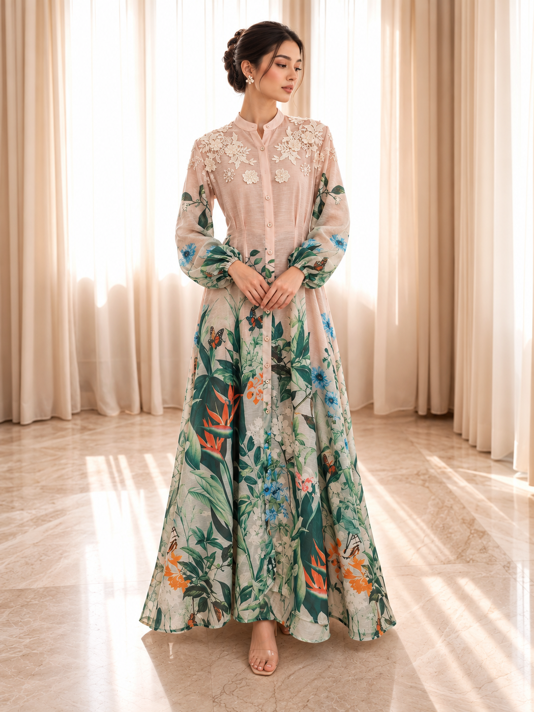 Mustard Floral Printed Flared Gown