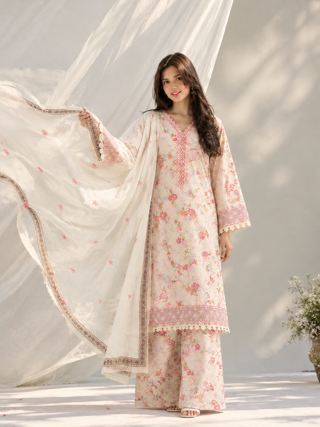 Elegant Ivory Cream & Pink Floral Printed Kurta Set for Women with Embroidered Neckline & Matching Dupatta