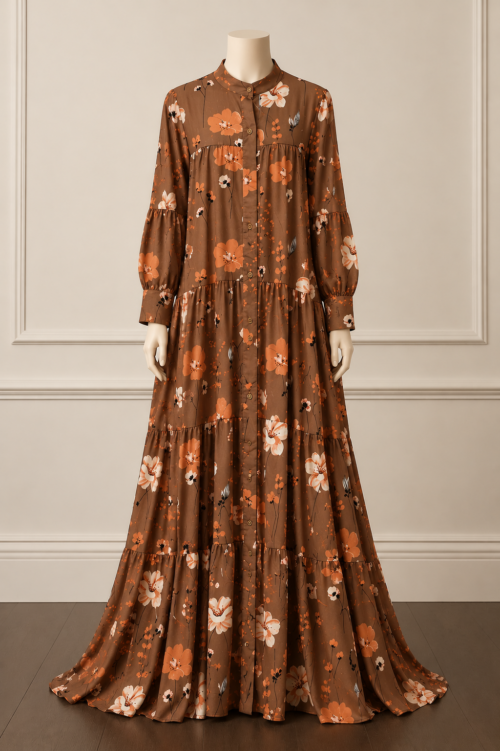Brown Floral Tiered Maxi Dress