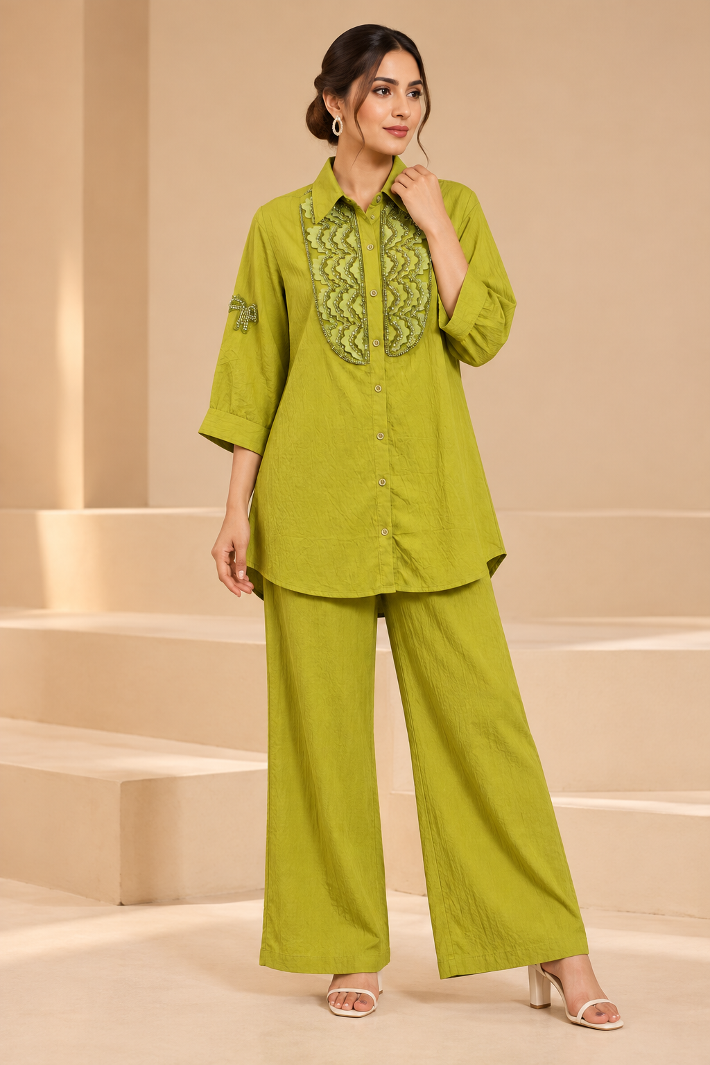 Lime Green Embroidered Shirt-Style Co-Ord Set