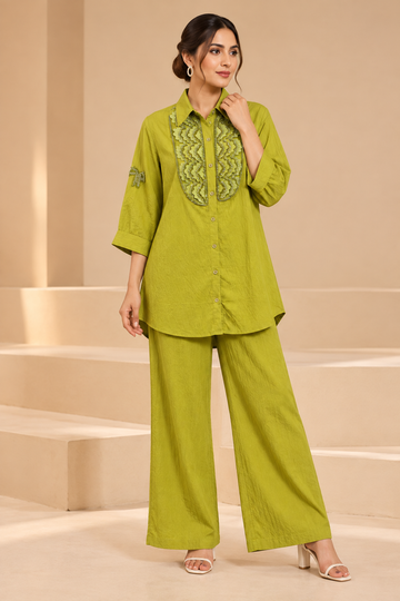 Lime Green Embroidered Shirt-Style Co-Ord Set