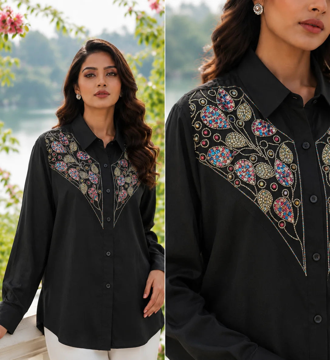 Western Top – Designer Shirts for Women : Embellished Western Black