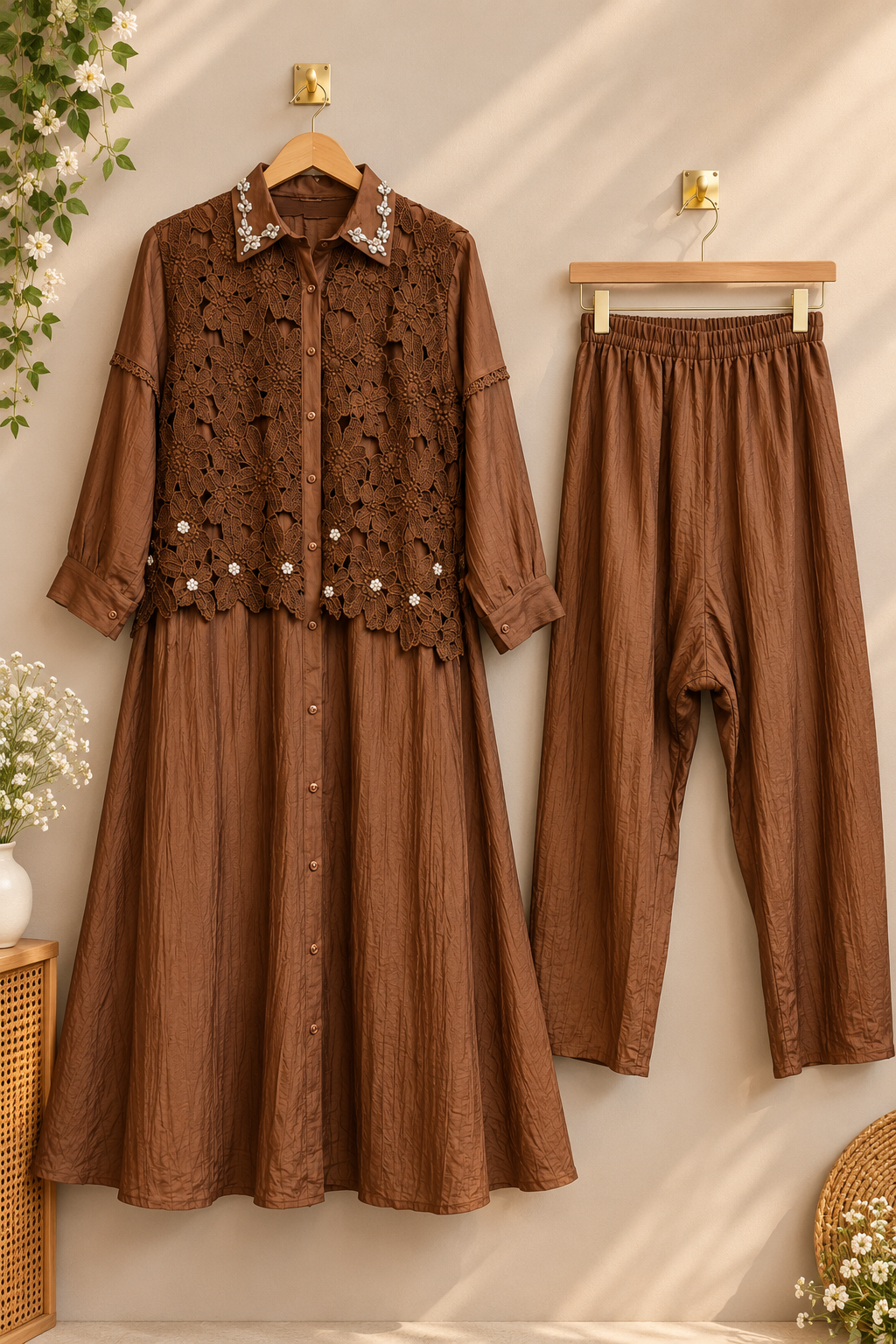 Chocolate Brown Crochet Lace Co-Ord Set for Women