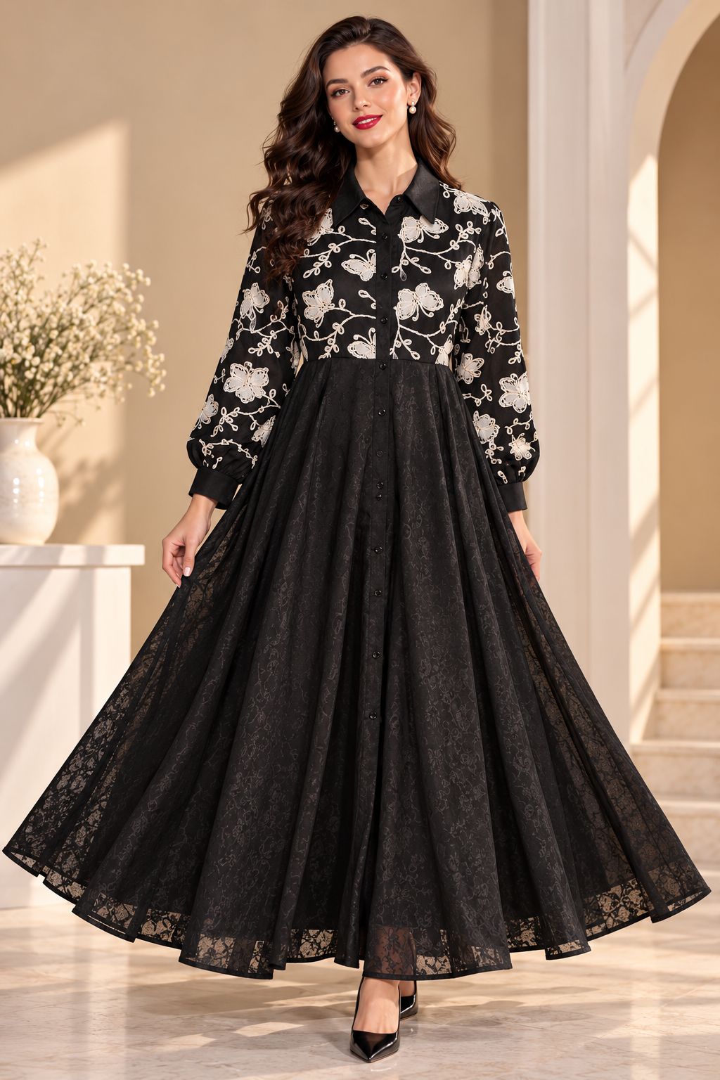 Elegant Black Floral Embroidered Shirt-Style Maxi Dress