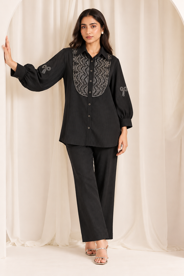 Black Embroidered Shirt-Style Co-Ord Set
