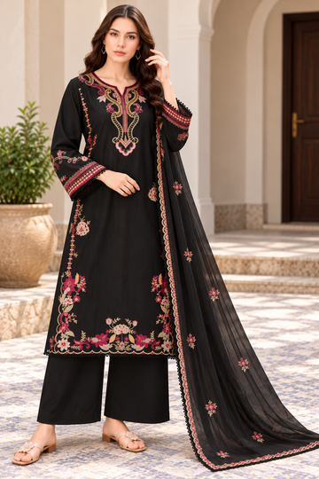 Elegant Black Floral Embroidered Kurta Pant Set