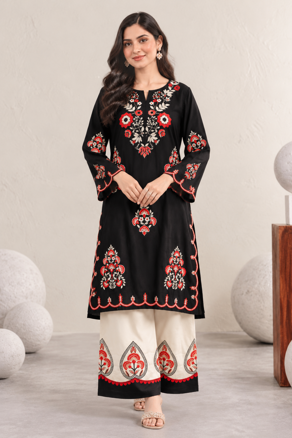 Elegant Black & Ivory Embroidered Kurta Pant Set