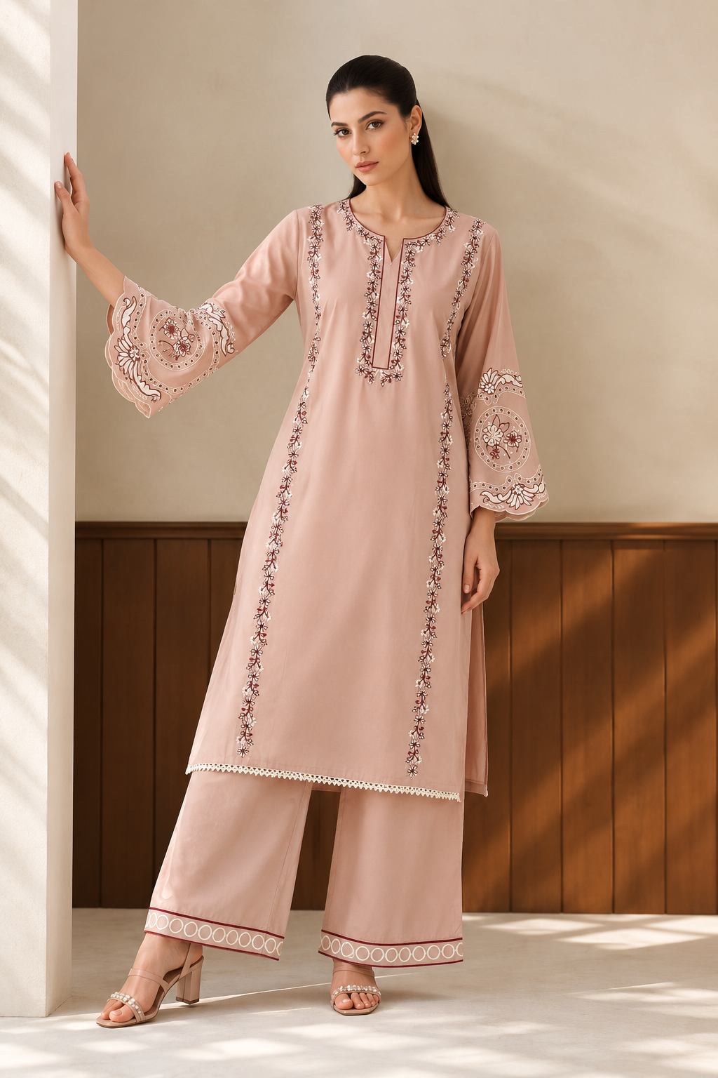Elegant Blush Pink Embroidered Kurta Palazzo Set