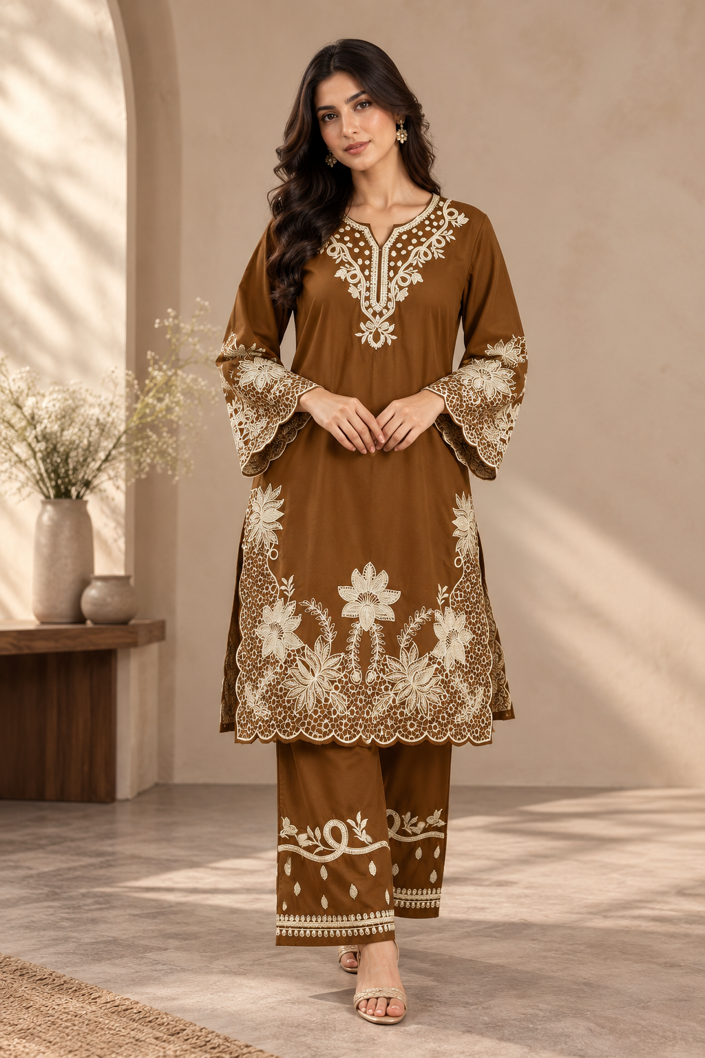 Elegant Chocolate Brown Embroidered Kurta Pant Set