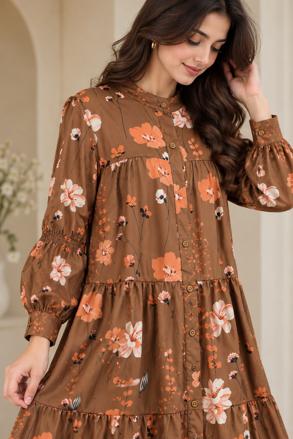 Brown Floral Tiered Maxi Dress