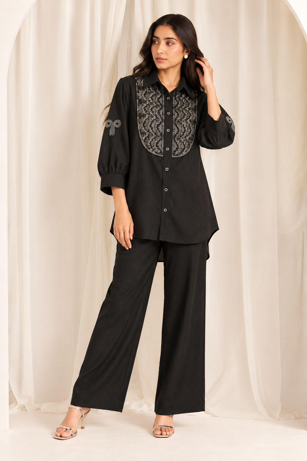 Black Embroidered Shirt-Style Co-Ord Set