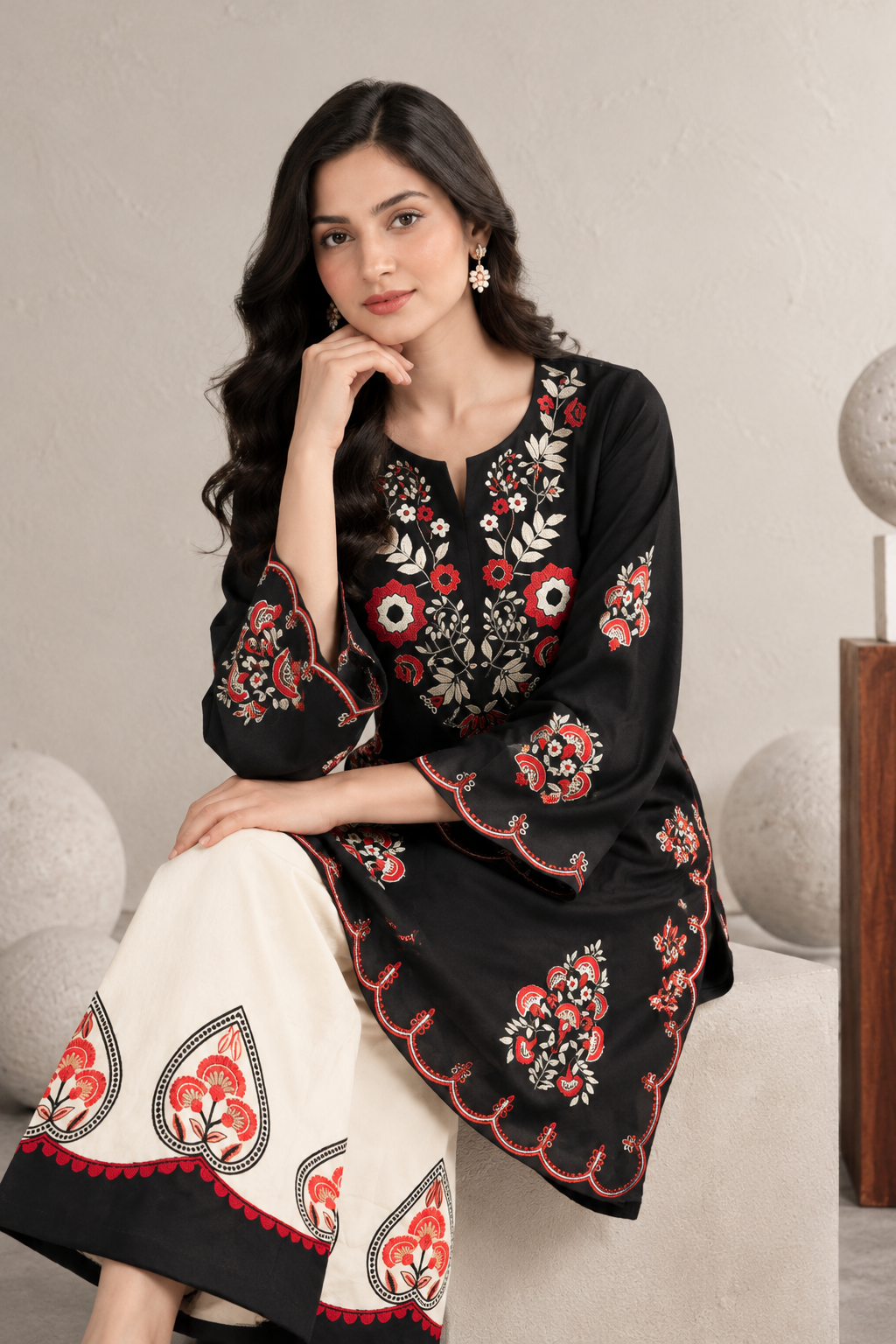 Elegant Black & Ivory Embroidered Kurta Pant Set