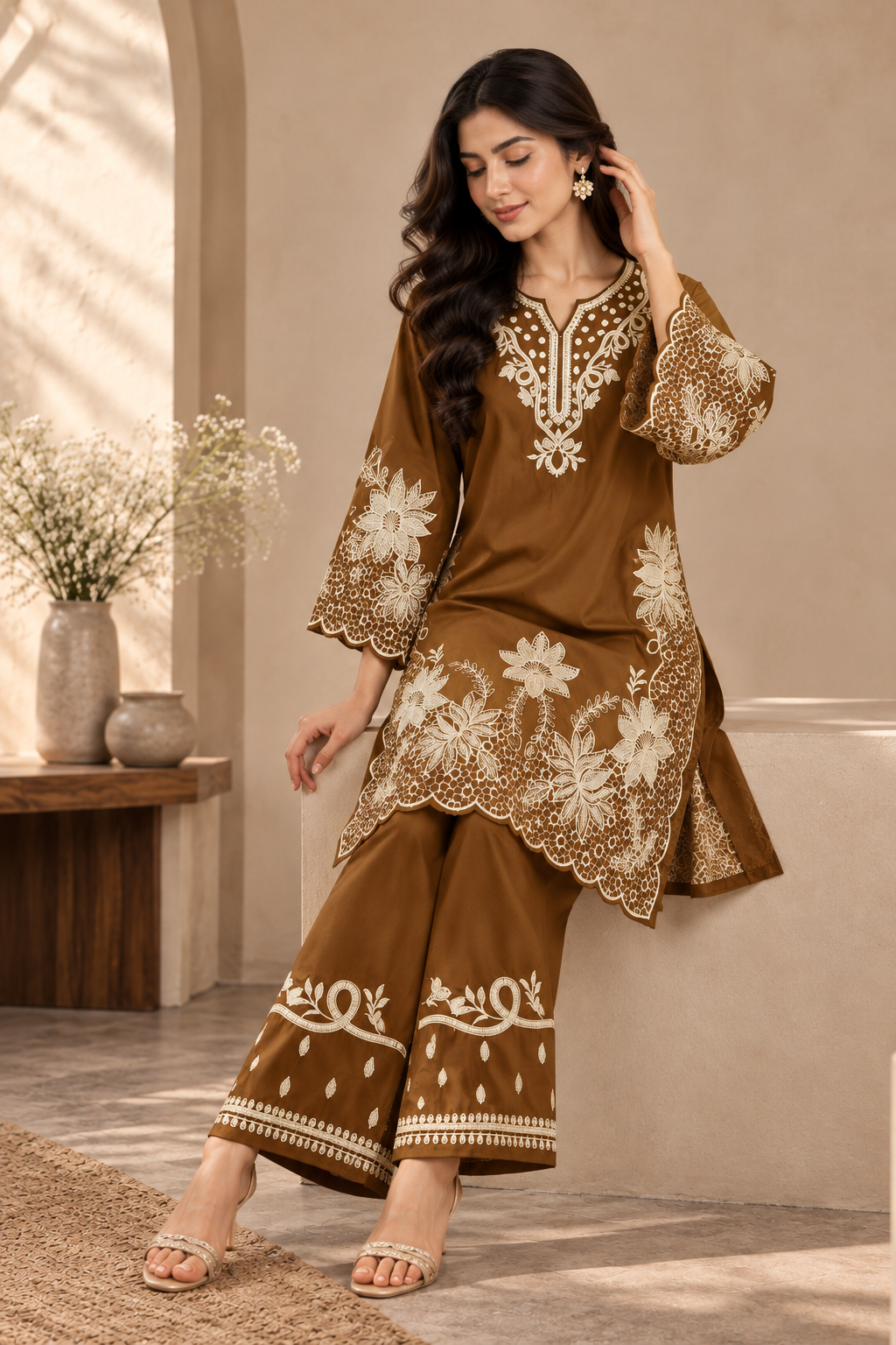 Elegant Chocolate Brown Embroidered Kurta Pant Set