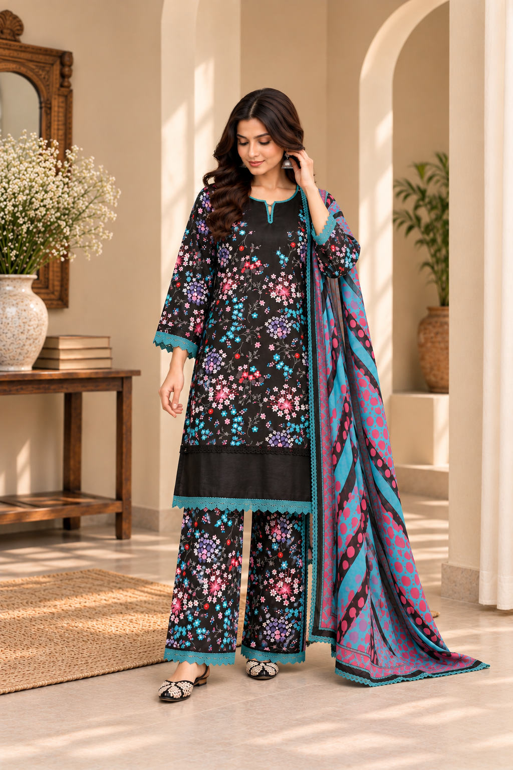 Black Floral Cotton Suit Set