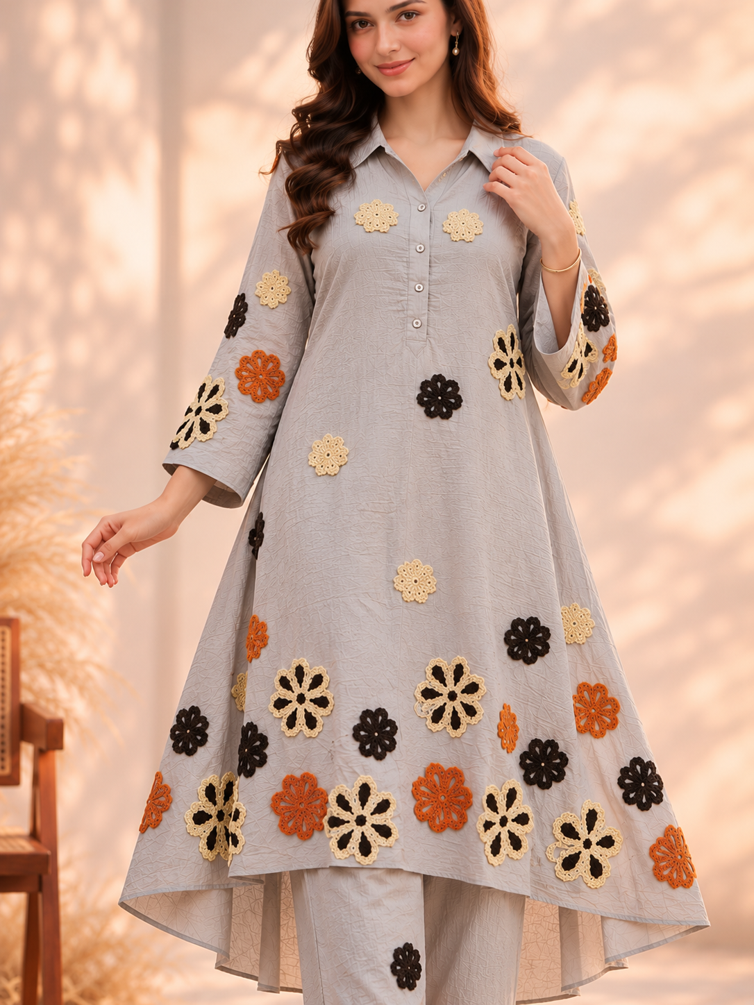 Grey Floral Embroidered Kurta Set
