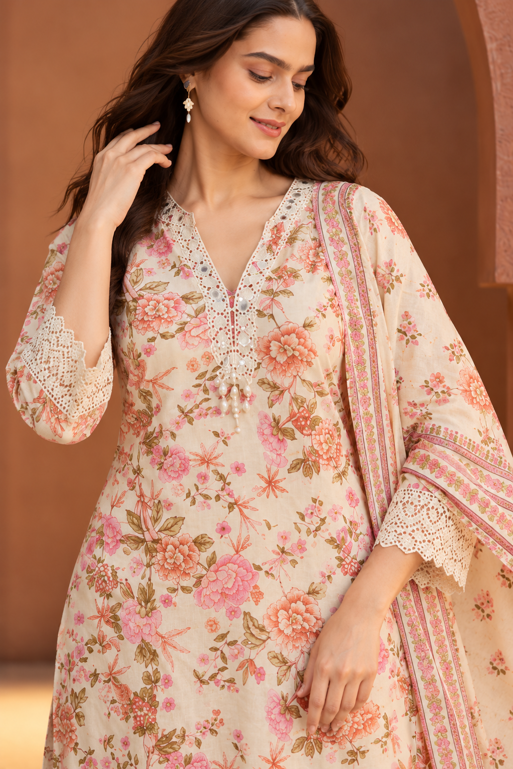 Cream Floral Lace Kurta Set