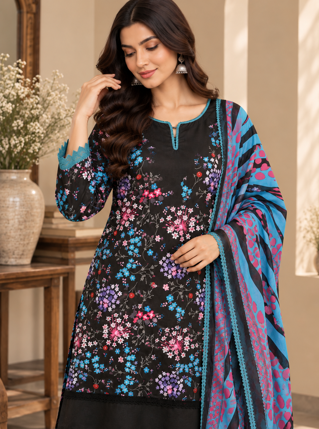 Black Floral Cotton Suit Set
