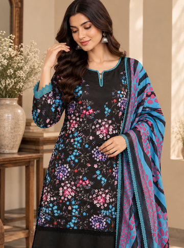 Black Floral Cotton Suit Set