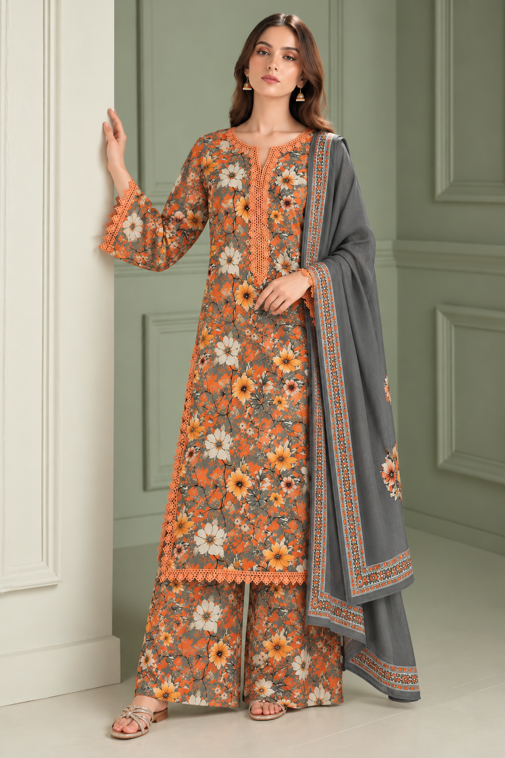 Elegant Floral Printed Kurta Set with Lace Detailing