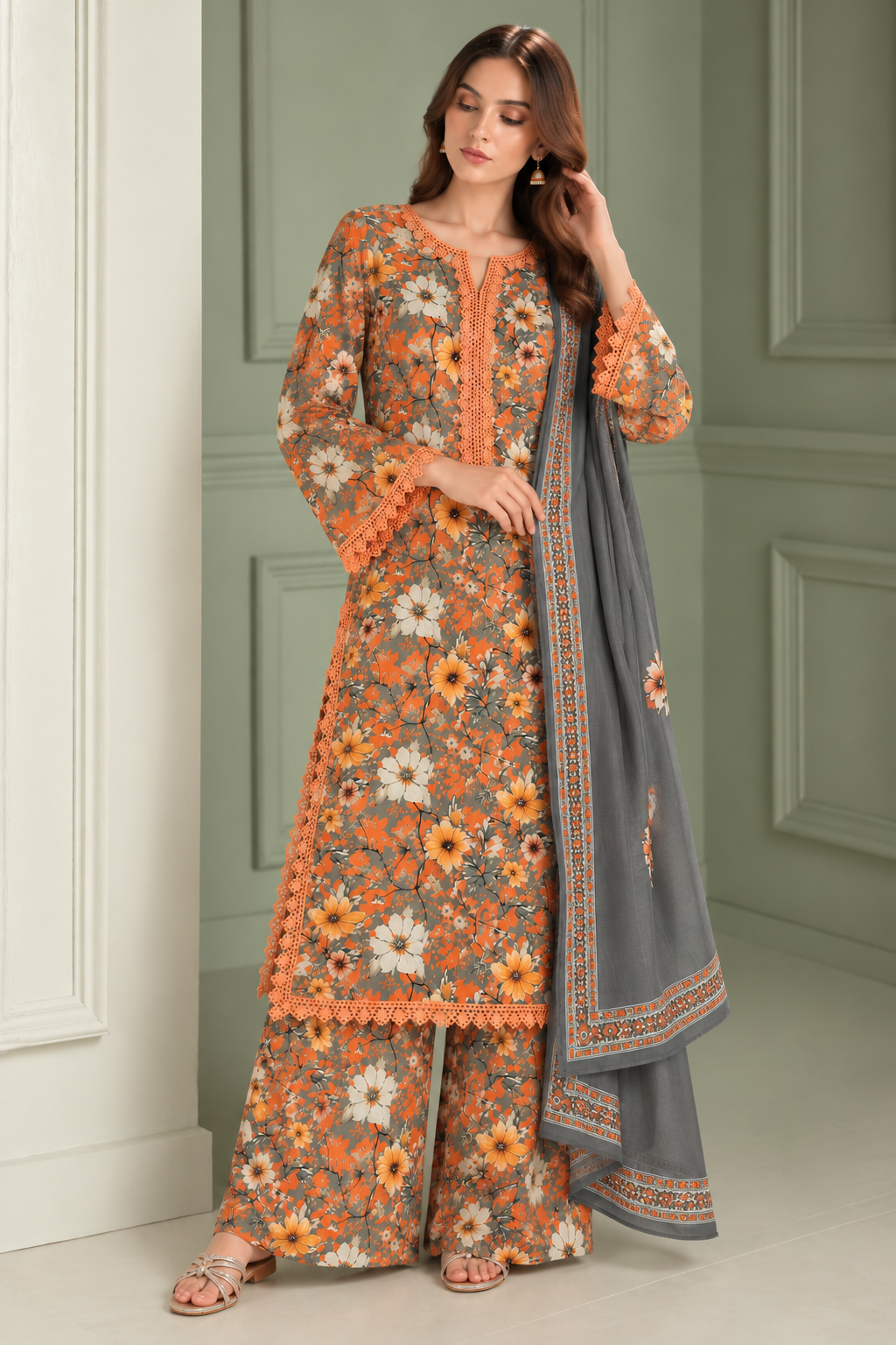 Elegant Floral Printed Kurta Set with Lace Detailing