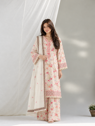 Elegant Ivory Cream & Pink Floral Printed Kurta Set for Women with Embroidered Neckline & Matching Dupatta