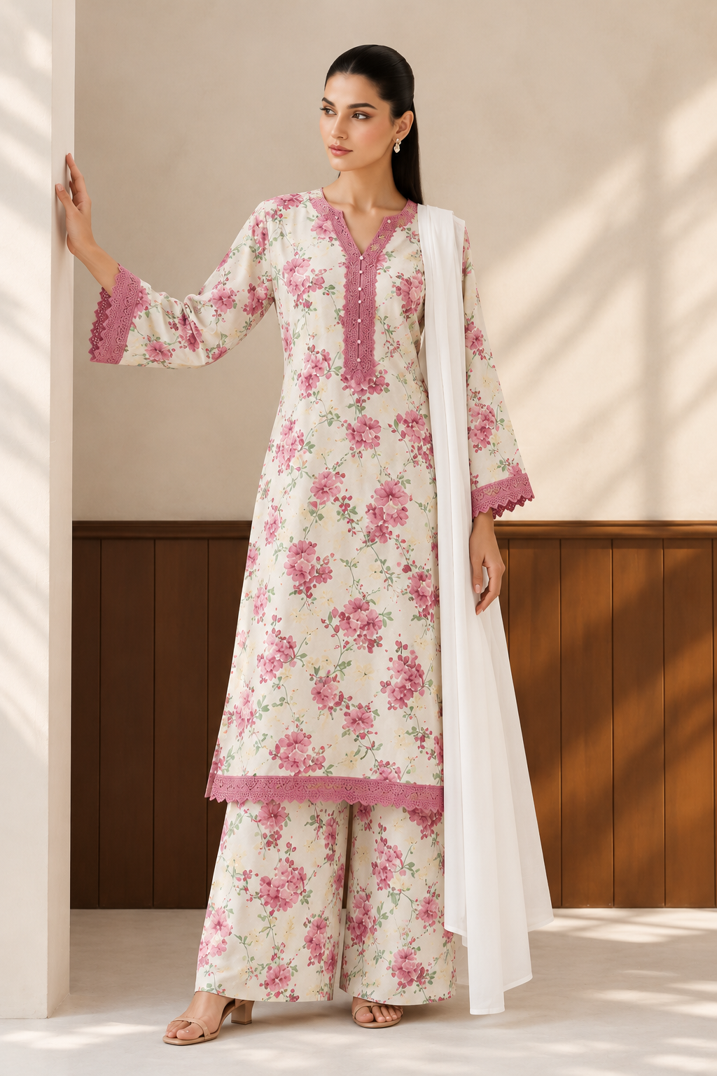 Elegant Ivory Floral Printed Kurta Palazzo Set with White Dupatta