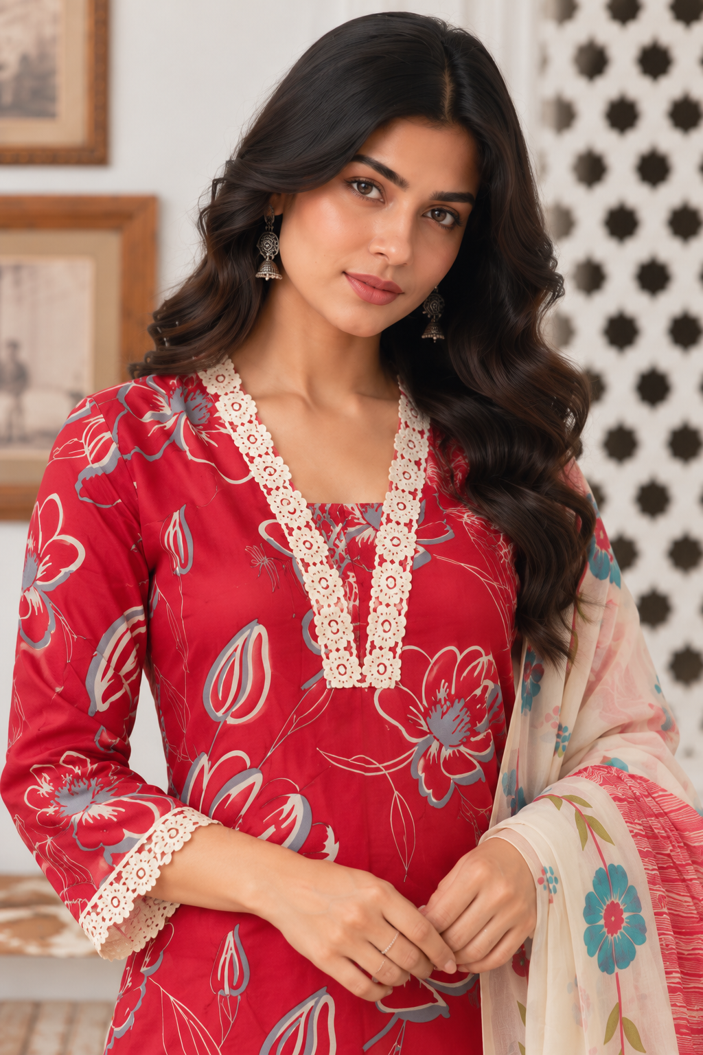 Red Floral Cotton Kurta Set