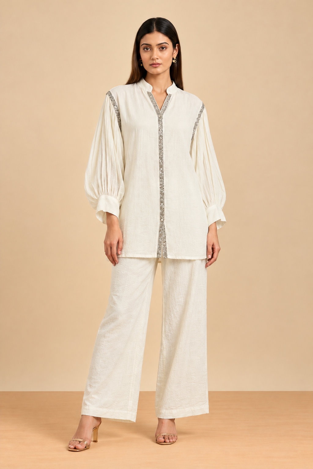 Ivory White Embellished Kurta Set with Wide-Leg Pants