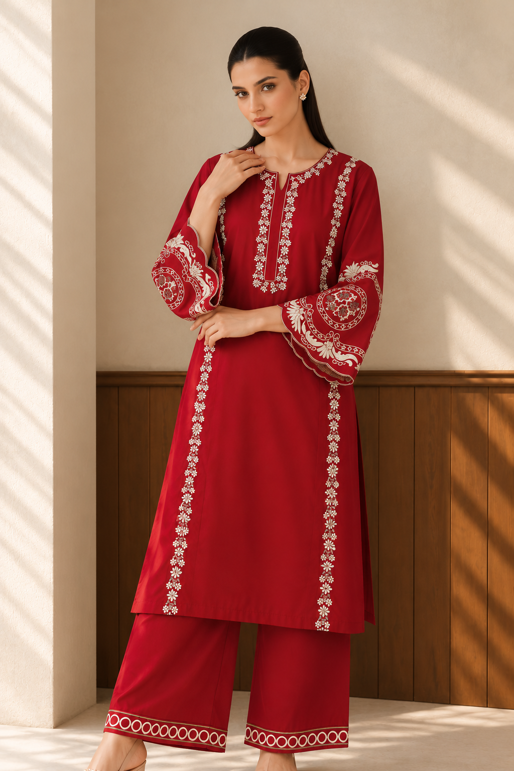 Elegant Maroon Embroidered Kurta Palazzo Set