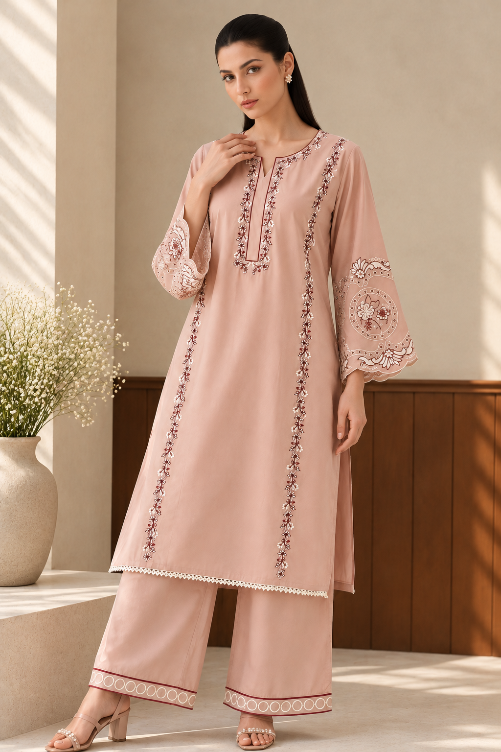 Elegant Blush Pink Embroidered Kurta Palazzo Set