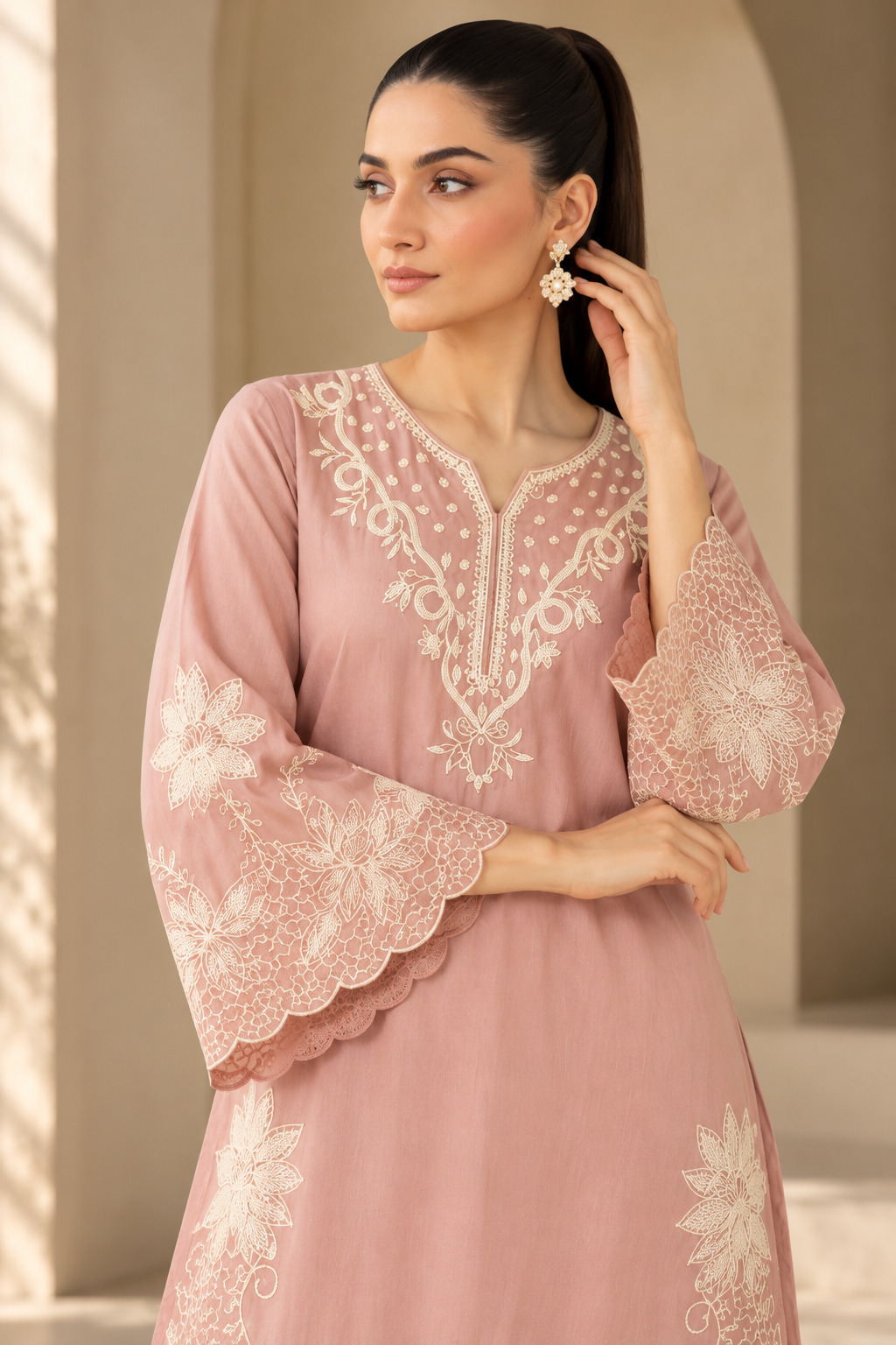 Elegant Dusty Mauve Embroidered Kurta Pant Set