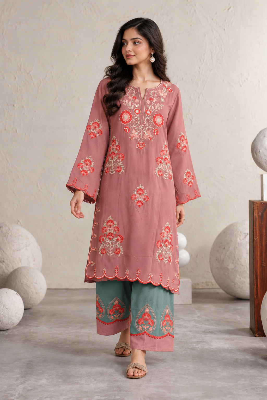 Elegant Mauve Pink Embroidered Kurta Pant Set