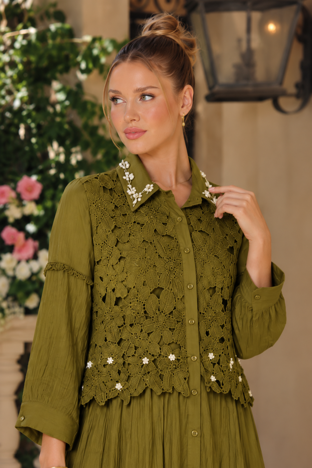 Olive Mustard Brown Crochet Lace Co-Ord Set for Women