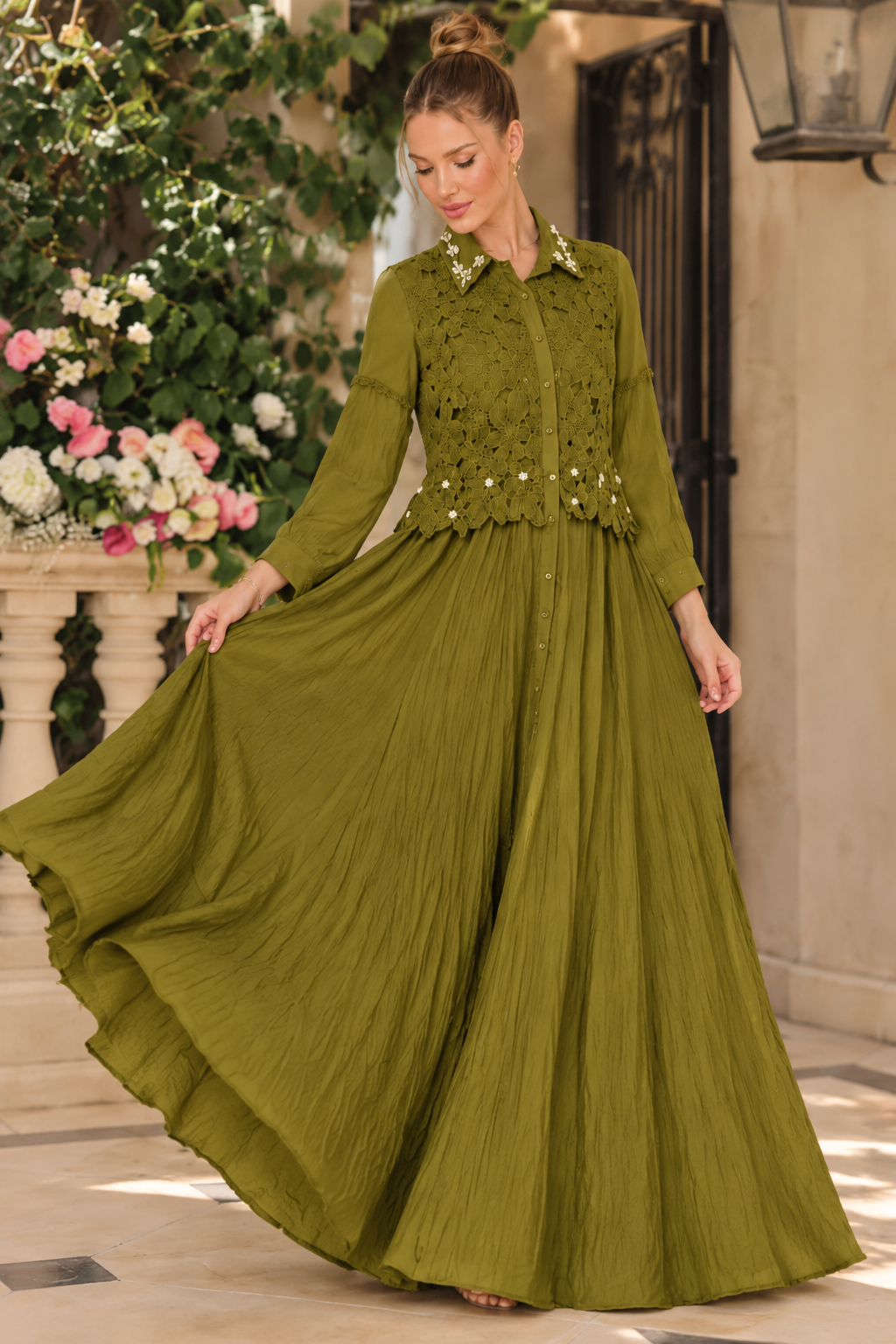 Olive Mustard Brown Crochet Lace Co-Ord Set for Women