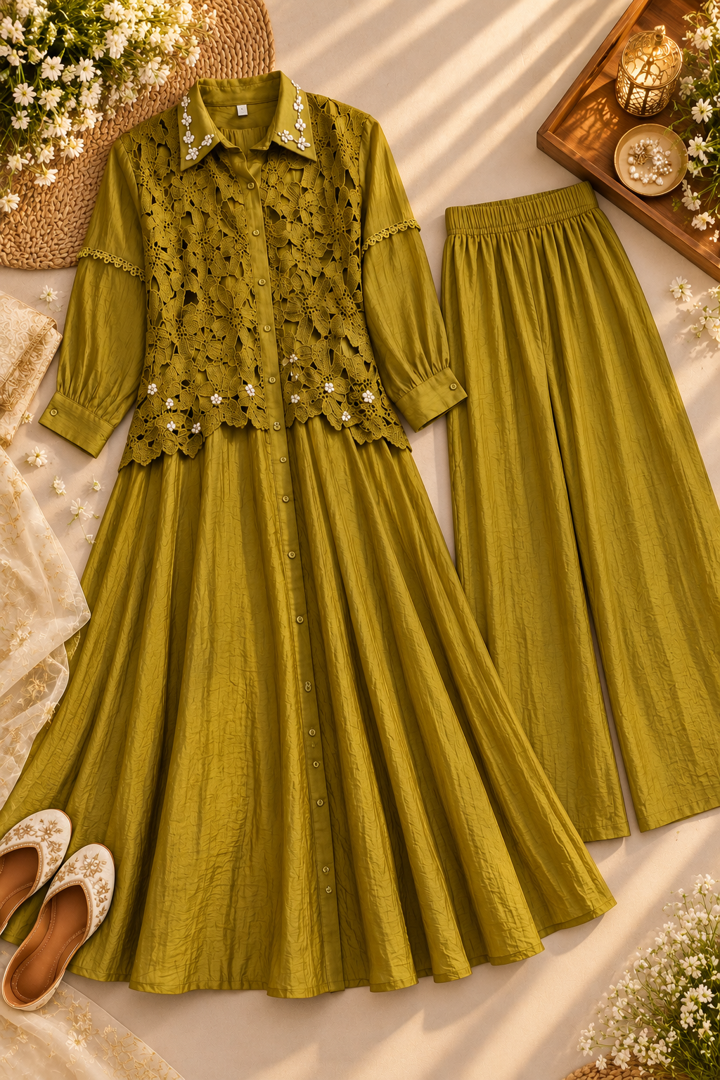 Olive Mustard Brown Crochet Lace Co-Ord Set for Women