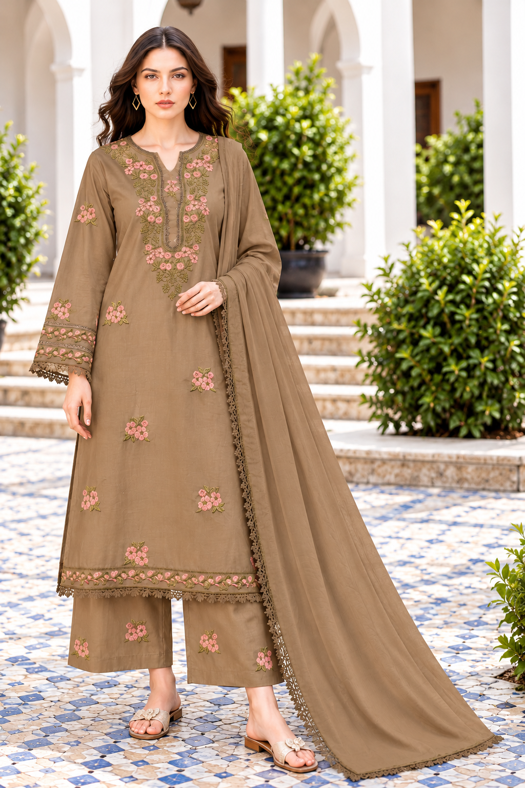Elegant Taupe Floral Embroidered Kurta Set with Dupatta