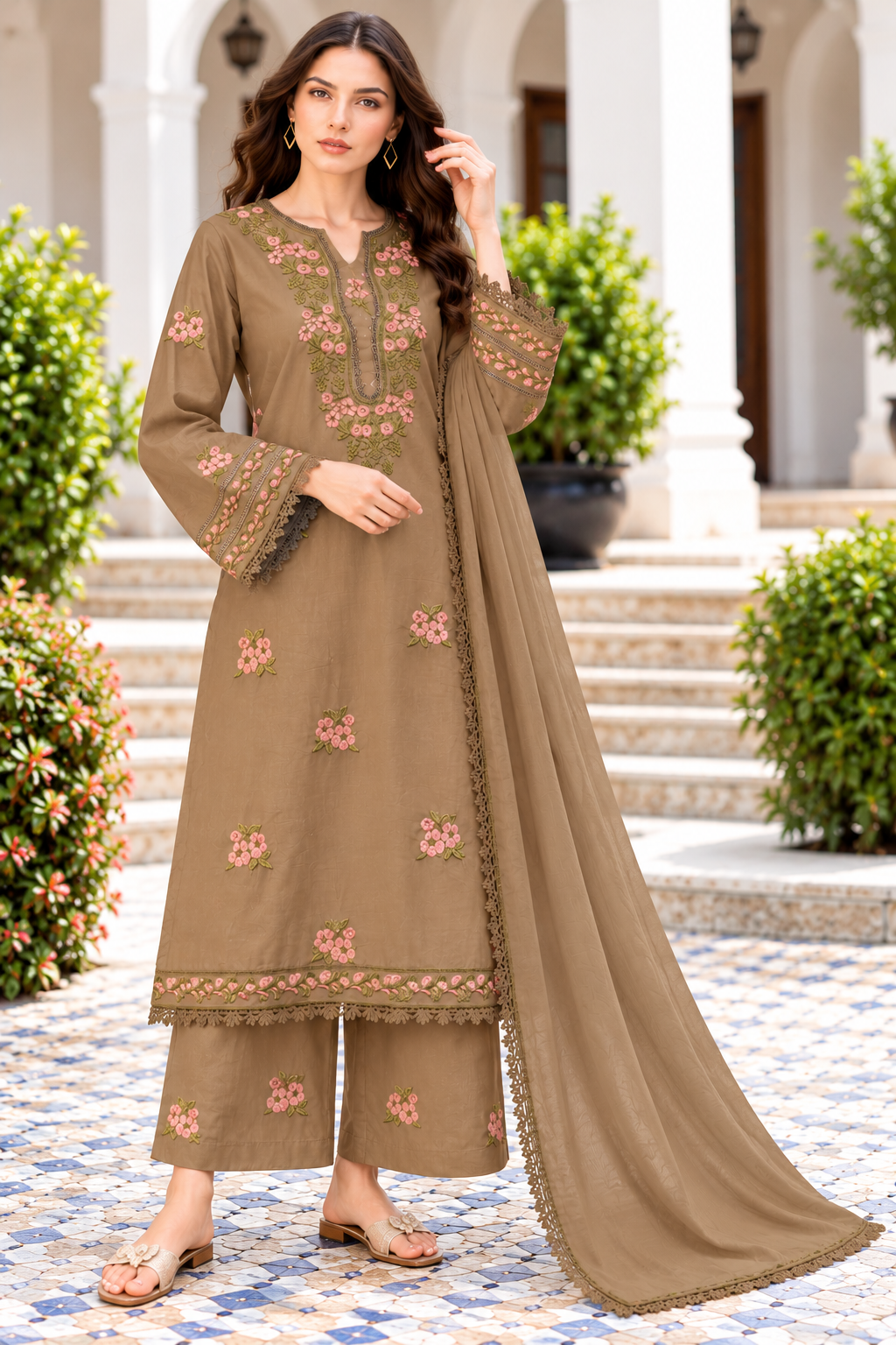 Elegant Taupe Floral Embroidered Kurta Set with Dupatta