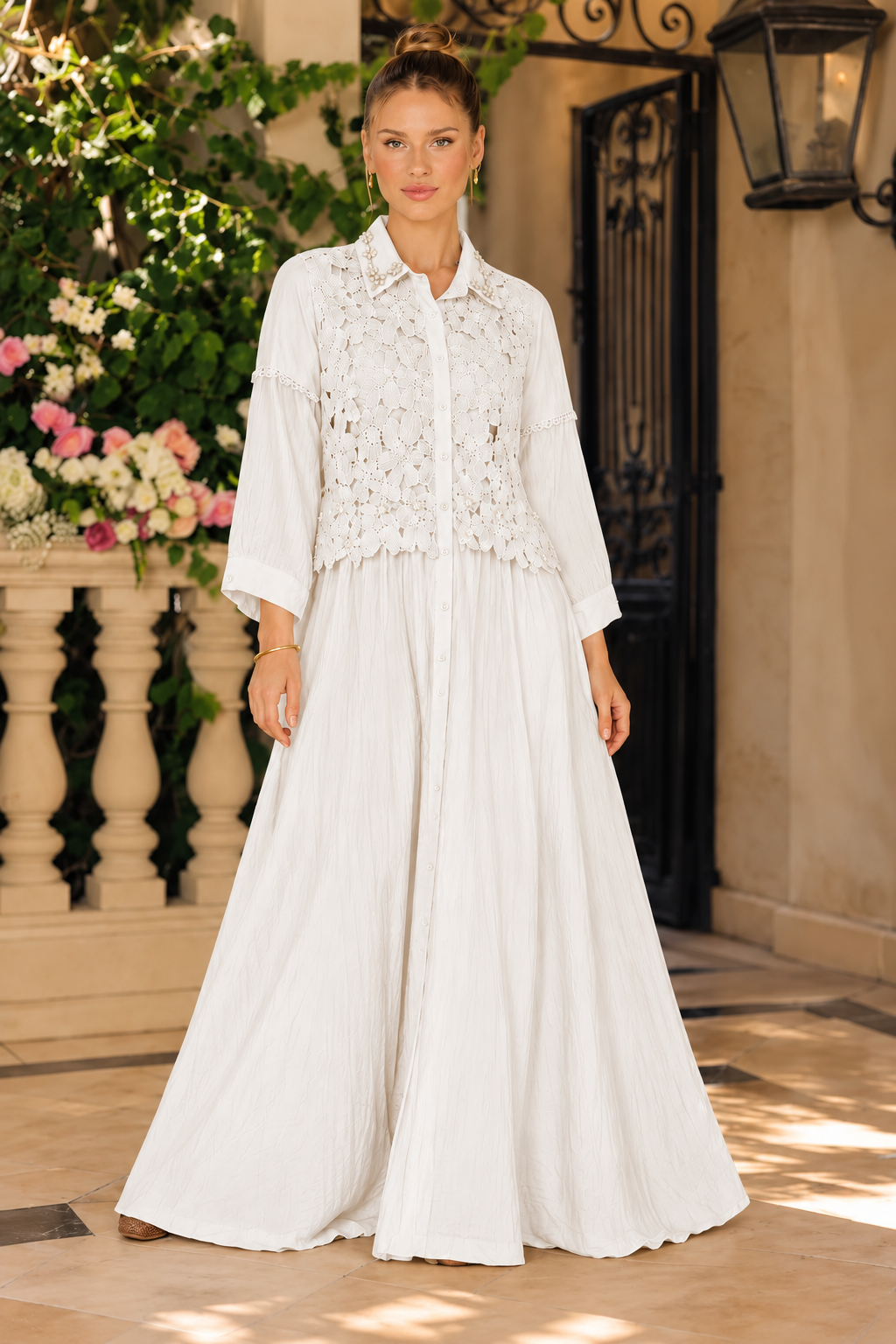 Elegant White Lace Embroidered Maxi Dress with Matching Pants