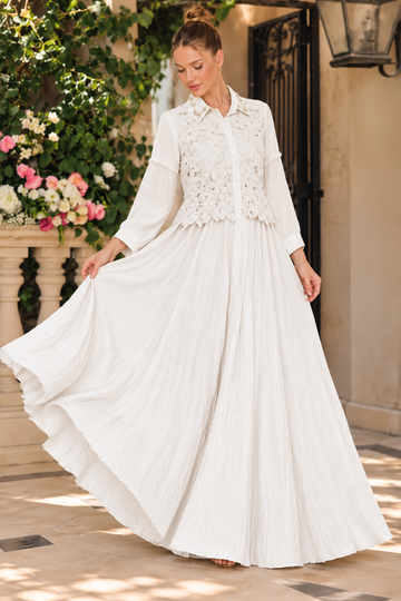 Elegant White Lace Embroidered Maxi Dress with Matching Pants
